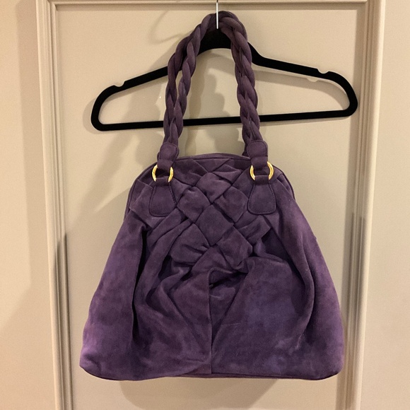 VALENTINO GARAVANI Eggplant Purple Suede Large Braided Bag with Gold Hardware - Picture 1 of 16